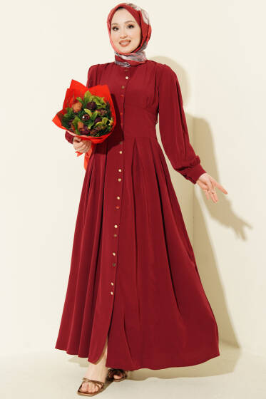 Boydan Gold Düğmeli Pensli Elbise Bordo - Elbise