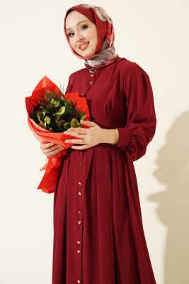 Boydan Gold Düğmeli Pensli Elbise Bordo - Elbise