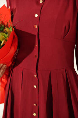 Boydan Gold Düğmeli Pensli Elbise Bordo - Elbise