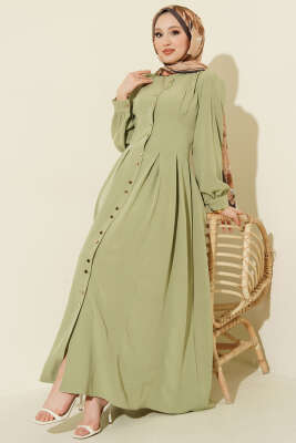 Boydan Gold Düğmeli Pensli Elbise Çağla Yeşili - BERAT TEKSTİL