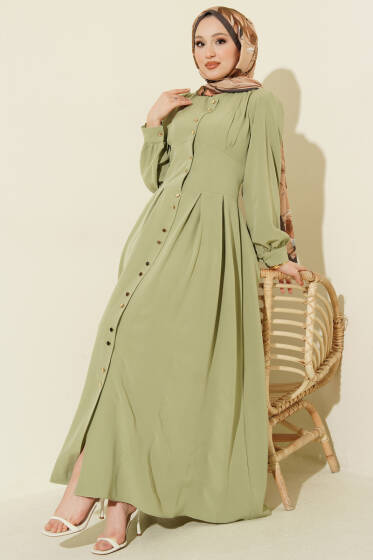 Boydan Gold Düğmeli Pensli Elbise Çağla Yeşili - Elbise