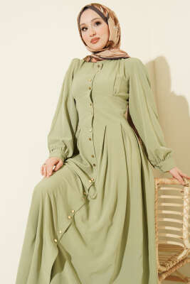 Boydan Gold Düğmeli Pensli Elbise Çağla Yeşili - Elbise