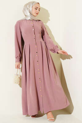 Boydan Gold Düğmeli Pensli Elbise Gül Kurusu 