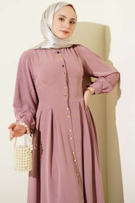 Boydan Gold Düğmeli Pensli Elbise Gül Kurusu - Elbise