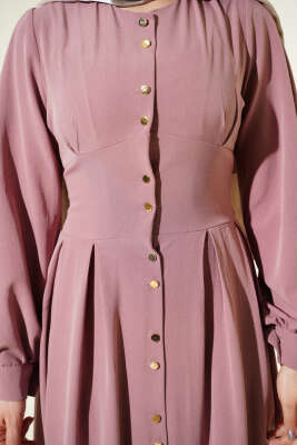 Boydan Gold Düğmeli Pensli Elbise Gül Kurusu - Elbise