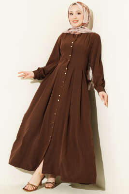 Boydan Gold Düğmeli Pensli Elbise Kahve - BERAT TEKSTİL