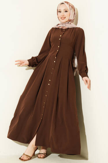 Boydan Gold Düğmeli Pensli Elbise Kahve - Elbise