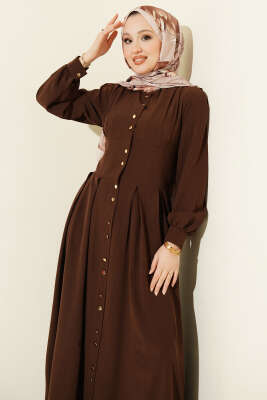 Boydan Gold Düğmeli Pensli Elbise Kahve - Elbise