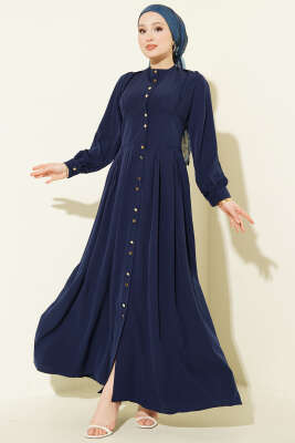 Boydan Gold Düğmeli Pensli Elbise Lacivert - BERAT TEKSTİL