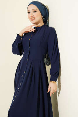 Boydan Gold Düğmeli Pensli Elbise Lacivert - Elbise