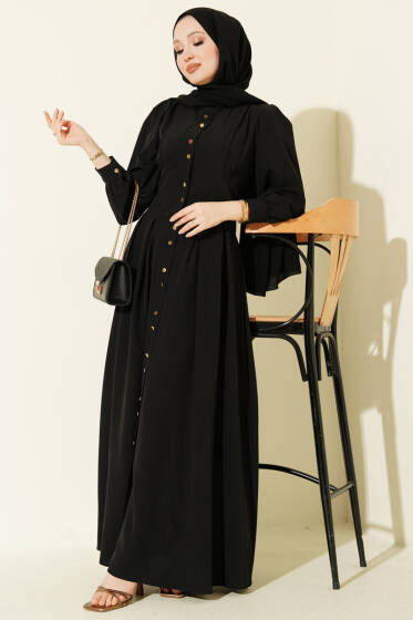 Boydan Gold Düğmeli Pensli Elbise Siyah - Elbise