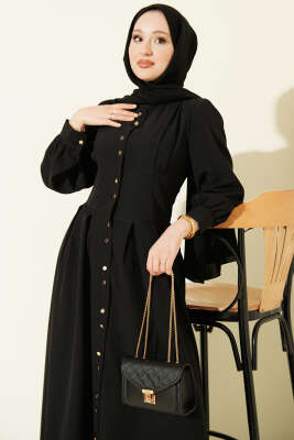 Boydan Gold Düğmeli Pensli Elbise Siyah - Elbise