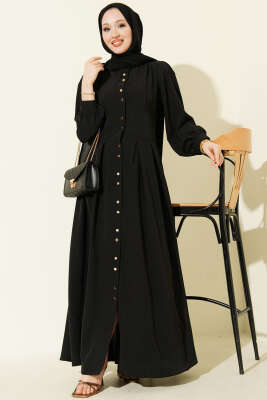 Boydan Gold Düğmeli Pensli Elbise Siyah - Elbise