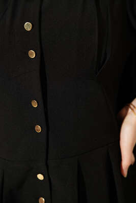 Boydan Gold Düğmeli Pensli Elbise Siyah - Elbise