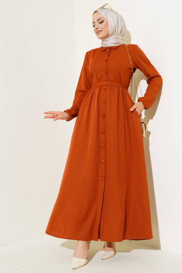 Boydan Kaplama Düğmeli Elbise Taba - Elbise