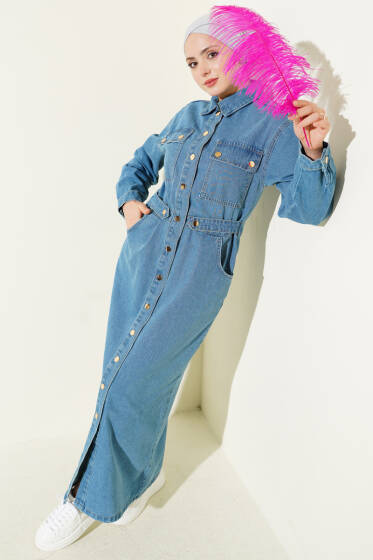 Boydan Metal Çıtçıt Düğmeli Kot Elbise Açık Mavi - Elbise