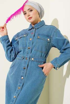 Boydan Metal Çıtçıt Düğmeli Kot Elbise Açık Mavi - Elbise