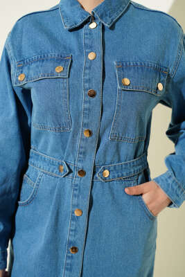 Boydan Metal Çıtçıt Düğmeli Kot Elbise Açık Mavi - Elbise