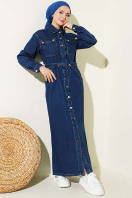 Boydan Metal Çıtçıt Düğmeli Kot Elbise Mavi - TABA
