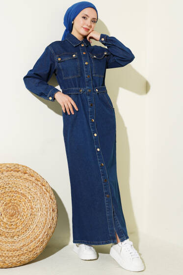 Boydan Metal Çıtçıt Düğmeli Kot Elbise Mavi - Elbise