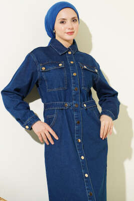 Boydan Metal Çıtçıt Düğmeli Kot Elbise Mavi - Elbise
