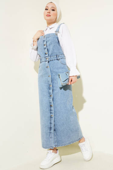 Boydan Metal Düğmeli Askılı Kot Slopet Kot Mavisi - Tulum & Slopet