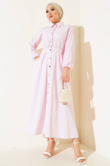 Boydan Metal Düğmeli Çizgili Elbise Pudra - Elbise