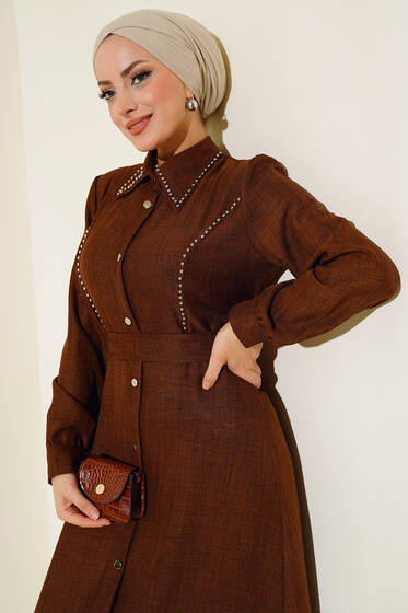 Boydan Metal Düğmeli Elbise Kahve - Elbise
