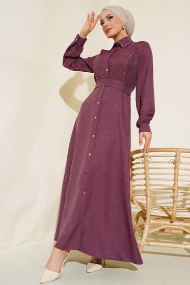 Boydan Metal Düğmeli Elbise Magenta - Elbise