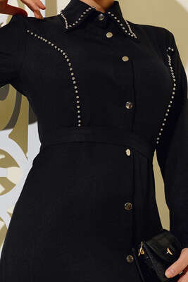 Boydan Metal Düğmeli Elbise Siyah - Thumbnail