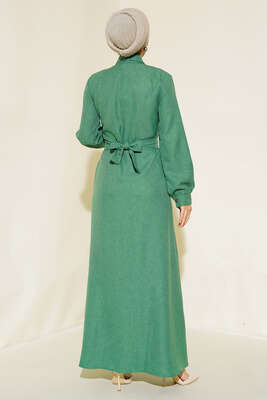Boydan Metal Düğmeli Elbise Yeşil - Thumbnail