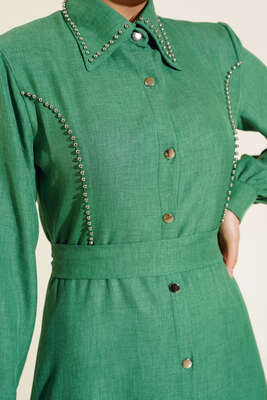 Boydan Metal Düğmeli Elbise Yeşil - Thumbnail