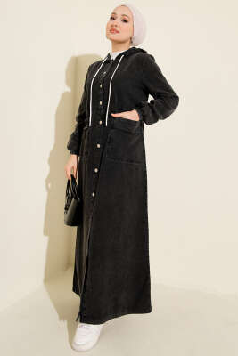 Boydan Metal Düğmeli Kapüşonlu Kot Elbise Antrasit - ASME