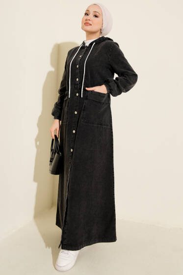 Boydan Metal Düğmeli Kapüşonlu Kot Elbise Antrasit - Elbise