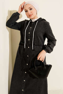 Boydan Metal Düğmeli Kapüşonlu Kot Elbise Antrasit - Elbise