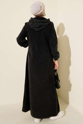 Boydan Metal Düğmeli Kapüşonlu Kot Elbise Antrasit - Elbise