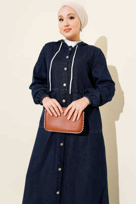 Boydan Metal Düğmeli Kapüşonlu Kot Elbise Lacivert - Elbise