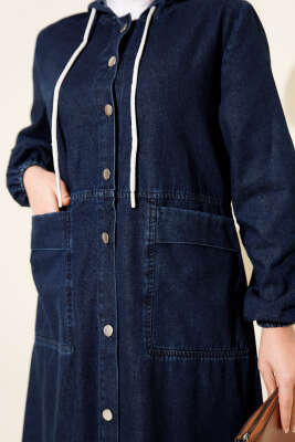 Boydan Metal Düğmeli Kapüşonlu Kot Elbise Lacivert - Elbise