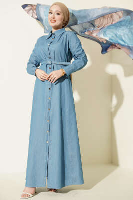 Boydan Metal Düğmeli Kemerli Kot Elbise Açık Mavi - BERAT TEKSTİL