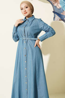 Boydan Metal Düğmeli Kemerli Kot Elbise Açık Mavi - Elbise