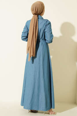 Boydan Metal Düğmeli Kemerli Kot Elbise Açık Mavi - Elbise
