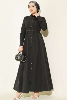 Boydan Metal Düğmeli Kemerli Kot Elbise Antrasit - BERAT TEKSTİL