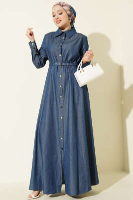 Boydan Metal Düğmeli Kemerli Kot Elbise Mavi - BERAT TEKSTİL