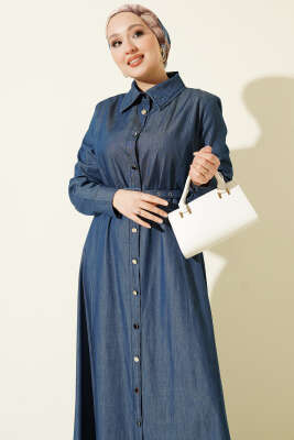 Boydan Metal Düğmeli Kemerli Kot Elbise Mavi - Elbise