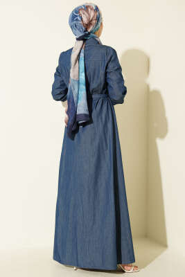 Boydan Metal Düğmeli Kemerli Kot Elbise Mavi - Elbise