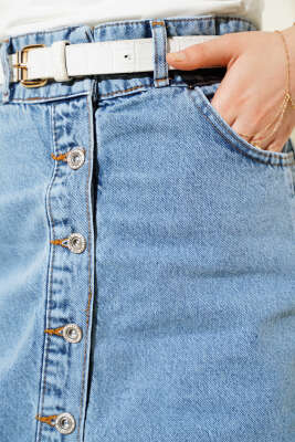 Boydan Metal Düğmeli Kot Etek - Uzun Etek