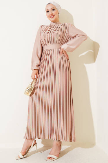 Boydan Pileli Saten Elbise Bej - Elbise