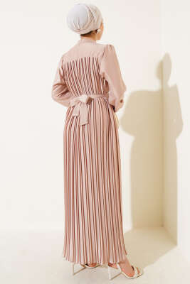 Boydan Pileli Saten Elbise Bej - Tesettür Elbise