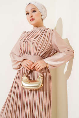 Boydan Pileli Saten Elbise Bej - Tesettür Elbise