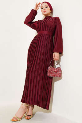 Boydan Pileli Saten Elbise Bordo 